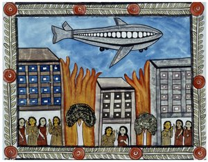 Historien om angrebene den 11. september 2001 fortalt af kræmmerne Baul fra Bengalen. Maleri, serie, nummer 6/9, Bengal. af School Indian