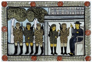 Historien om angrebene den 11. september 2001 fortalt af kræmmerne Baul fra Bengalen. Maleri, serie, nummer 4/9, Bengal. af School Indian