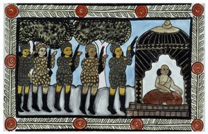 Historien om angrebene den 11. september 2001 fortalt af kræmmerne Baul fra Bengalen. Maleri, serie, nummer 2/9, Bengal. af School Indian
