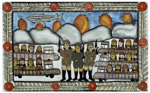 Historien om angrebene den 11. september 2001 fortalt af kræmmerne Baul fra Bengalen. Maleri, serie, nummer 8/9, Bengal. af School Indian