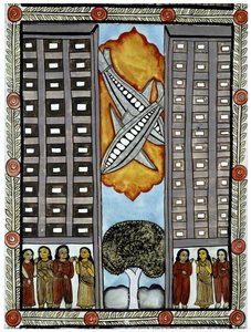 Historien om angrebene den 11. september 2001 fortalt af kræmmerne Baul fra Bengalen, en illustration af de fly, der deltager i World Trade Center i New York. Maleri, serie, nummer 3/9, Bengal. af School Indian