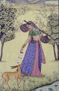Kvinde med Rudra Veena og blomsterkrans Miniaturemaleri, Indien af School Indian