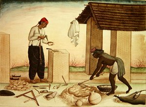 Arbejdere, der bygger et hus (pen & blæk og akvarel på papir) af School Indian