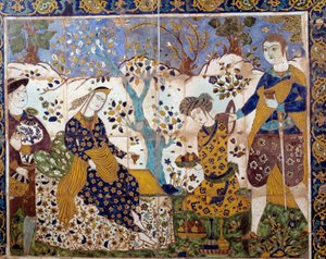 Iransk kunst: detalje af en azulejo, der repræsenterer en portugisisk missionær blandt perserne. Amerikansk samling fra det 17. århundrede