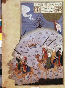 Majnun ser kampen mellem Nawfal og Lailas stamme af den iranske mester. (Akvarel, gouache, hvid farve, blæk på papir af School Iranian