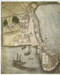 The Castle and Town of Carrickfergus, Irland, ca. 1560 (pen & blæk & akvarel på papir)