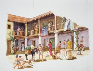 Det gamle Athen - rekonstruktion af et hus (farve litho) af School Italian