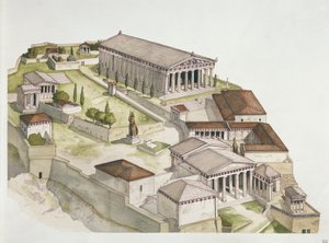 Antikkens Athen - rekonstruktion af Akropolis, 5. århundrede f.Kr. (farve litho)