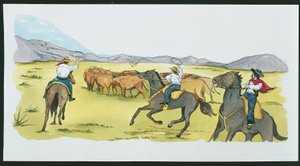 Argentina - gauchos samler kvæg i Pampas (farve litho) af School Italian