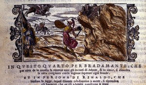Bradamante river Brunel sin fortryllende ring i stykker, takket være hvilken hun forringer Atlantes magt og leverer Roger (Ruggero, Ruggiero), scene for ridderdigtet "Orlando Furioso" (Den rasende Roland) af Ludovico Ariosto (1474 - 1533) dit L 