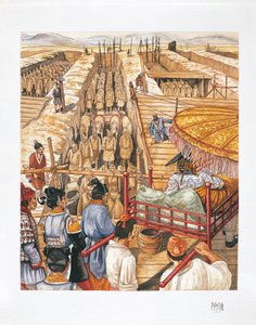 Bygning af kejser Qin Shi Huang-Tis mausoleum, 3. århundrede f.Kr. (farve litho) af School Italian