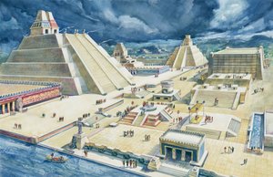 Skyer over pyramider, Templo Mayor, Tenochtitlan, Mexico City, Mexico (farve litho)
