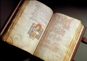 Evangelisk. Codex fra klostret Farfa. (Ms. E 16 folii 149v. 150r.) Rom, Biblioteca Vallicelliana af School Italian
