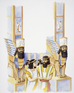 Nebukadnezar, Babylons konge, med sin kone Amytis af Media, datter af Kongen af Medier (farve litho)