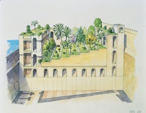 Nebukadnezars palads, Babylon, med hængende haver (farve litho)