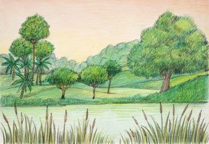 Forhistorie - tertiær - genopbygning af naturligt miljø (farve litho) af School Italian