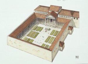Rekonstrueret forum bygget af Titus Flavius Vespasianus (farve litho) af School Italian
