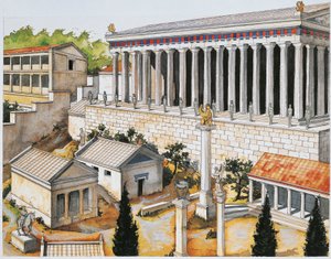Rekonstruktion af Apollo Sanctuary, Delphi, 8. til 3. århundrede f.Kr. (farve litho)