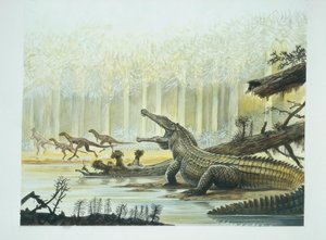 Rutiodon med Fabrosaurus i baggrunden, trias periode (farve litho) af School Italian