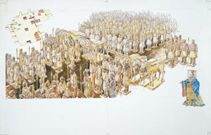 Terracottahær i kejser Qin Shi Huangs grav (farve litho) af School Italian