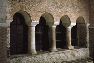 Udsigt over klostret i Saint Vincent og Saint Anasthasus-kirken, klosteret af de tre fontæner (Tre-Fontane) (Chiesa dei Santi Vincenzo e Anastasio alle Tre Fontane) (Udsigt over klosteret i kirken St Vincenzo e Anastasio, abbazia delle T af School Italian