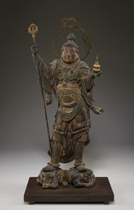 Bishamonten (Vaisravana, Nordens vogter) (polykromt træ med krystal, bladguld og metal) af Japanese School