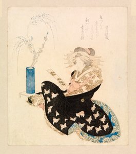 Kurtisane læser en tanzaku (farvetræsnit) af School Japanese