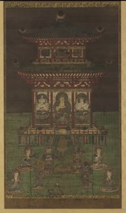 Horokaku Mandara: Buddha og tilhørende guddommeligheder, Heian-perioden (farve og guld på silkepanel) af Japanese School