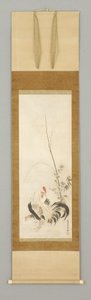 Kakemono, hane og høne m/blomster af Japanese School