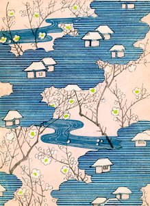 Mønster til et Kimono-design: Hytter med floder og kirsebærblomster, ca. 1900 (farvet træbloktryk)