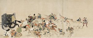Illustreret fortælling om borgerkrigen, det kejserlige besøg i Rokuhara (Illustreret fortælling om borgerkrigen, Det kejserlige besøg i Rokuhara) - Anonymt værk, akvarel og blæk på papir, tredje rulle af School Japanese