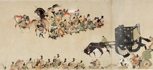 Illustreret fortælling om borgerkrigen, det kejserlige besøg i Rokuhara (Illustreret fortælling om borgerkrigen, Det kejserlige besøg i Rokuhara) - Anonymt værk, akvarel og blæk på papir, fjerde rulle af School Japanese