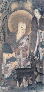 Religiøst maleri af ung munk med då, maleri på silke, japansk civilisation, Heian-perioden, 794-1185 af School Japanese