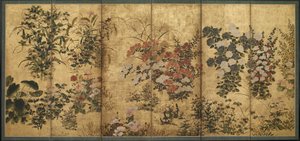 Sommer- og efterårsblomster, Edo-periode (farve over guld på papir) af Japanese School