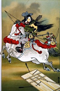 Tomoe, en modig kvindekriger fra Japan under Genji- og Heishi-perioderne (farve litho)