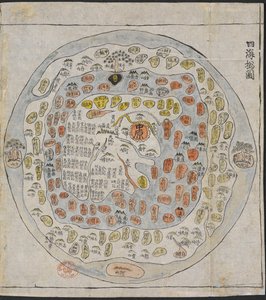 Et koreansk verdenskort, trykt og håndfarvet, fra et atlas over Korea med foreløbige kort over verden, Kina, Japan og Ryuku-øerne (pen og blæk på papir)