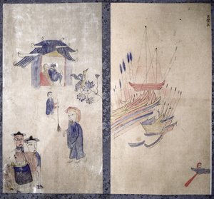 Et panel fra en ottefoldig skærm, der skildrer en historie om de tre riger (naturlige pigmenter på papir) af School Korean