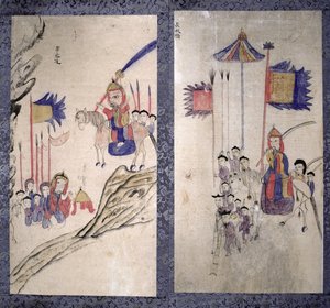 Et panel fra en ottefoldig skærm, der skildrer en historie om de tre riger (naturlige pigmenter på papir) af School Korean