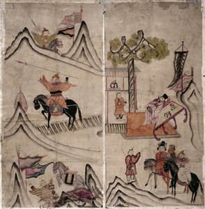 To paneler af et ottefoldigt lærred, der forestiller "En historie om tre kongeriger" (naturlige pigmenter på papir) af School Korean