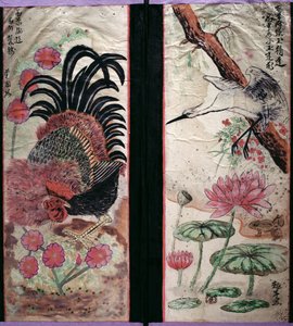 To paneler af en ottefoldig skærm, der viser fugle og blomster (naturlige pigmenter på papir) af School Korean