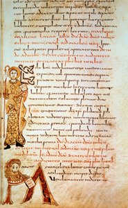 Sankt Matthæus; bogstavet M (hovedet for løven af Sankt Markus). Side i "" Sacramentary of Gellone", folio 42. Oplyst af David, v. 790, Frankrig, Meaux eller Cambrai. BN, Paris