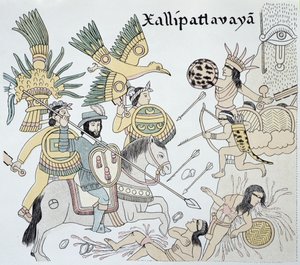 Kamp mellem spanierne og aztekerne i slaget ved Xallipatlavaya, illustration fra en faksimile af en mexicansk indiansk billedhistorie 