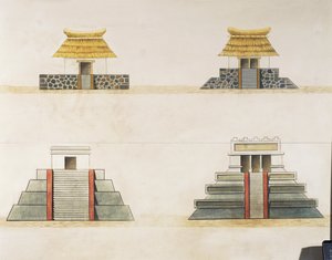 Historisk rekonstruktion af bygninger i Tenochtitlan (farve litho)