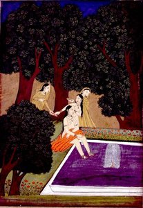 En dame ved en pool, Johnson Album IX, nr. 16, ca. 1780 (gouache med guld på papir) af School Mughal