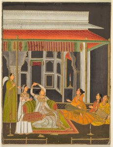 En prinsesse på en terrasse med ledsagere om natten (recto); kalligrafi (verso), ca. 1760 (uigennemsigtig akvarel med guld på papir) af School Mughal