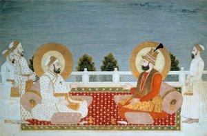 Indisk kunst: "" Repræsentation af Mohammed Shah (1702-1748) indisk kejser og Nadir Shah (1688-1747), Shah af Iran"" Miniature of the Mughole School, Muhammad Shah (1526-1858 A.D.), søn. 0,21x0,31 m - Paris, Musee Guimet, Musee national des Arts Asians - M
