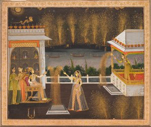 Ladies Celebrating Diwali, ca. 1760 (uigennemsigtig akvarel og guld på papir) af School Mughal