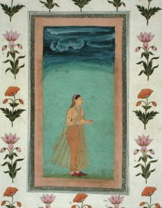 Dame, der holder en blomst, fra Small Clive Album (ugennemsigtig akvarel på papir) af School Mughal
