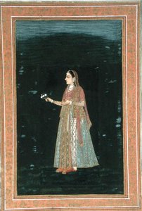 Dame med blomster, fra Small Clive Album (ugennemsigtig akvarel på papir) af School Mughal