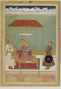 Portræt af Shah Aurangzeb med en mand, muligvis Ashraf Khan, begyndelsen af det 18. århundrede (ugennemsigtig akvarel, blæk og guld på papir) af School Mughal